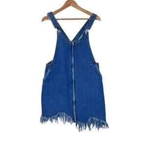 Zara Asymmetric Overall Dress Sz XS Sleeveless Full Zip Fringed Hem Rigid Denim